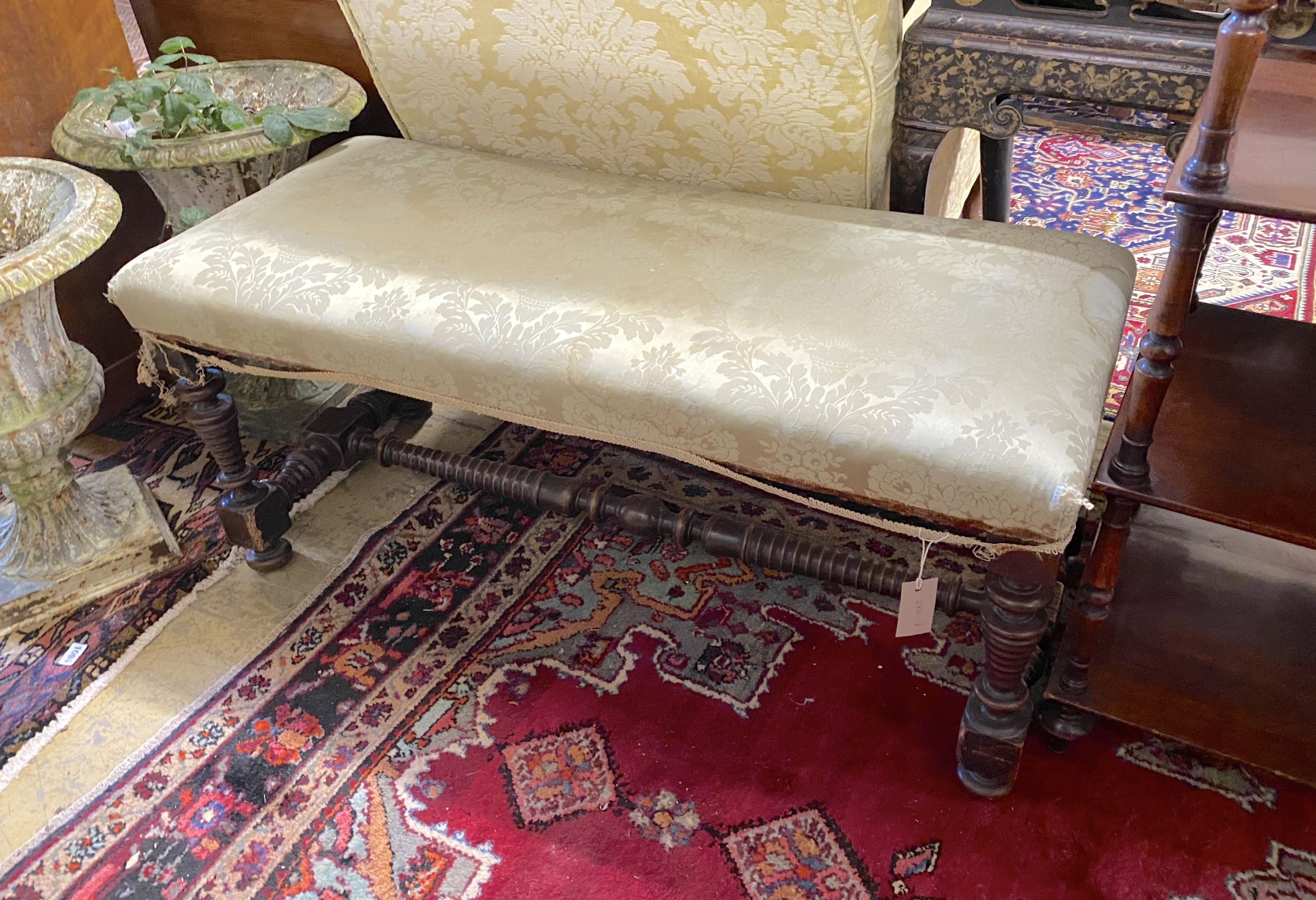 A Victorian mahogany window seat on turned legs, length 108cm, depth 45cm, height 46cm